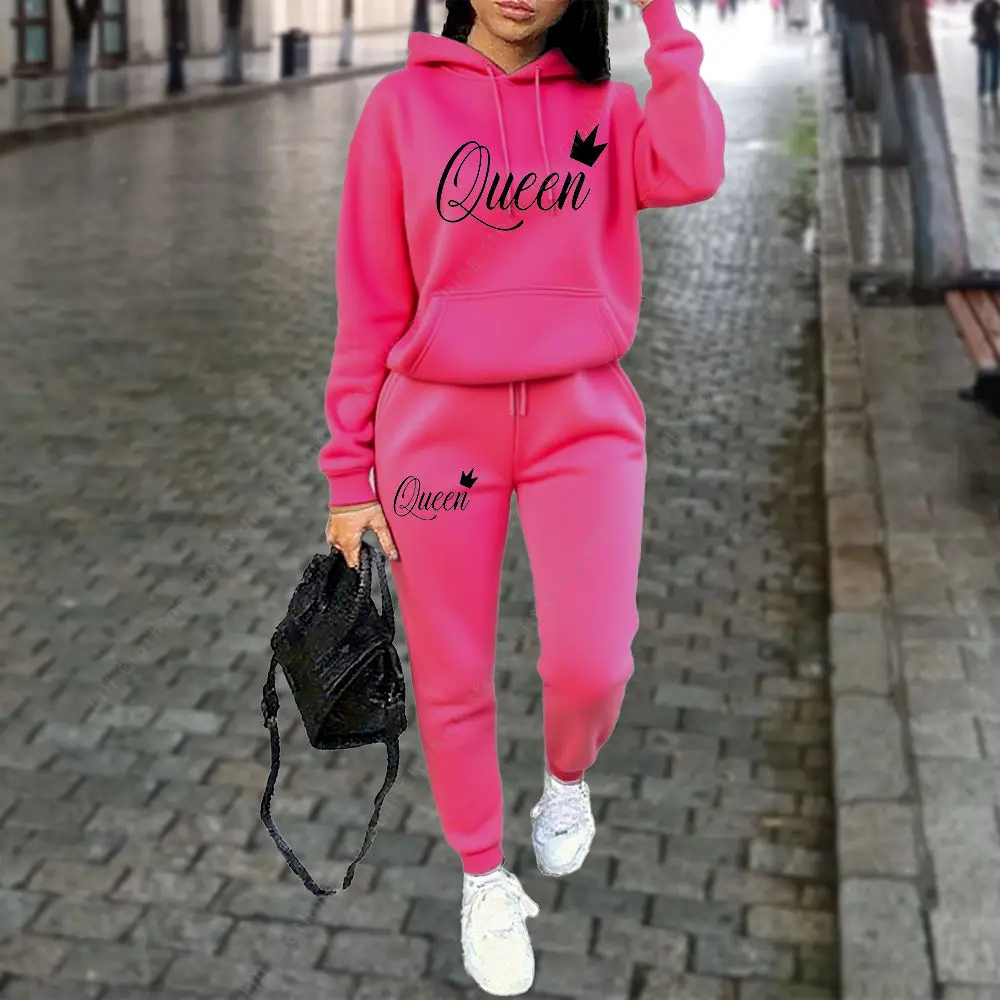 Conjuntos con estampado gráfico de letras Queen para mujer, sudaderas con capucha, pantalones, traje de 2 uds., deportes de otoño e invierno, chándal estético de alta calidad para correr