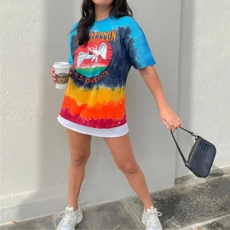 Tie-dye Angel Print Short Sleeve O-neck Pullover Women Summer Fashion Casual T-shirt Loose Plus Size Tops All-match Commute Tees