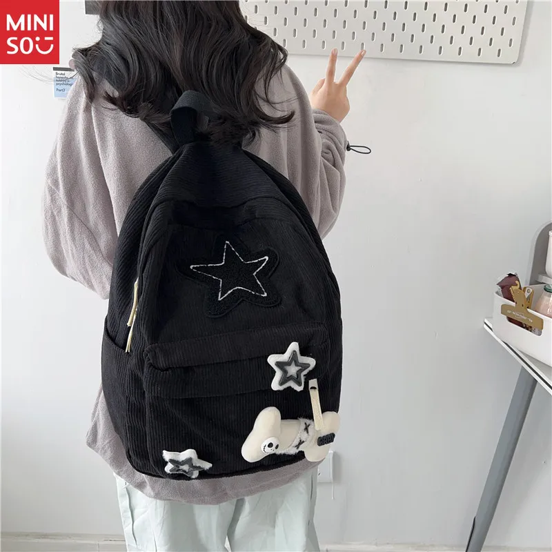 

Miniso Corduroy Star Backpack | Academic Style Bag, Large Capacity Student Pack