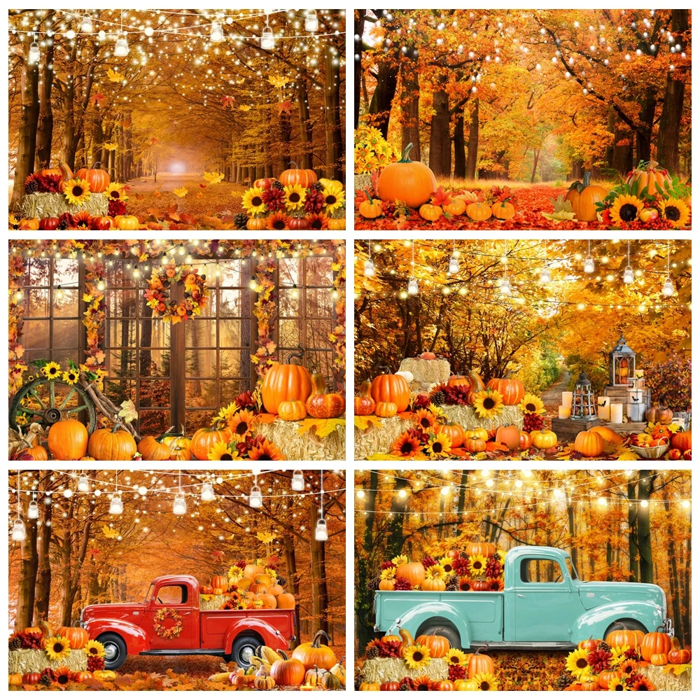 

Autumn Forest Backdrop Fall Thanksgiving Farm Barn Pumpkin Harvest Season Maple Truck Baby Portrait Photography Background Decor