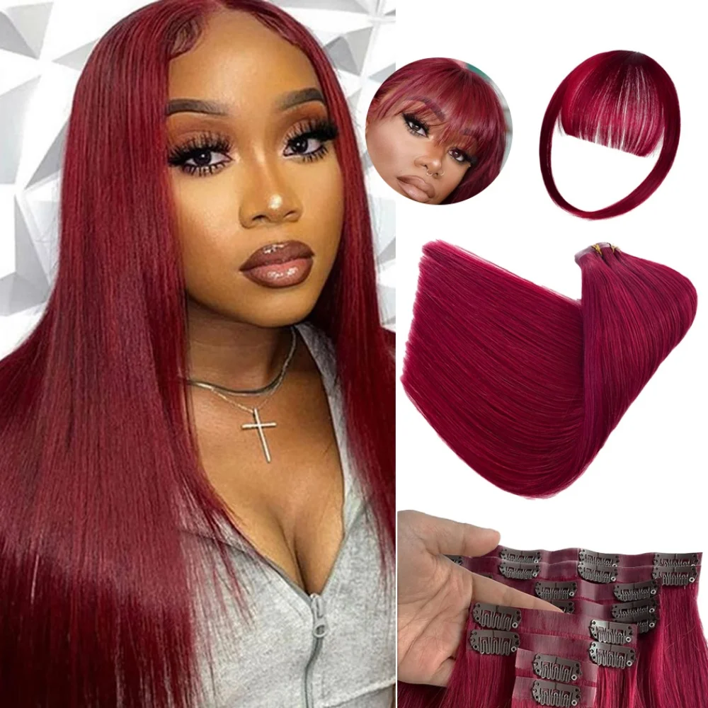 Burgundy Color Brazilia Hair Clip InsStraight Clip In Hair Extensions Human Hair Full Head Clip In 10Pcs/Set 18-24 Inch 140G/Set