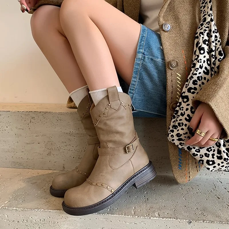 Dames Western Cowboylaarzen in Britse stijl met studs Modieus Vintage Casual Outdoor Laarzen met halfhoge hak Halloween Cosplay Laarzen