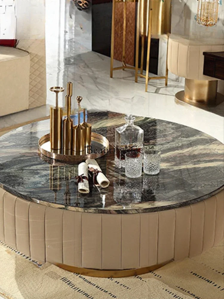 Khaki Italian light luxury gold-plated marble coffee table high-end round table