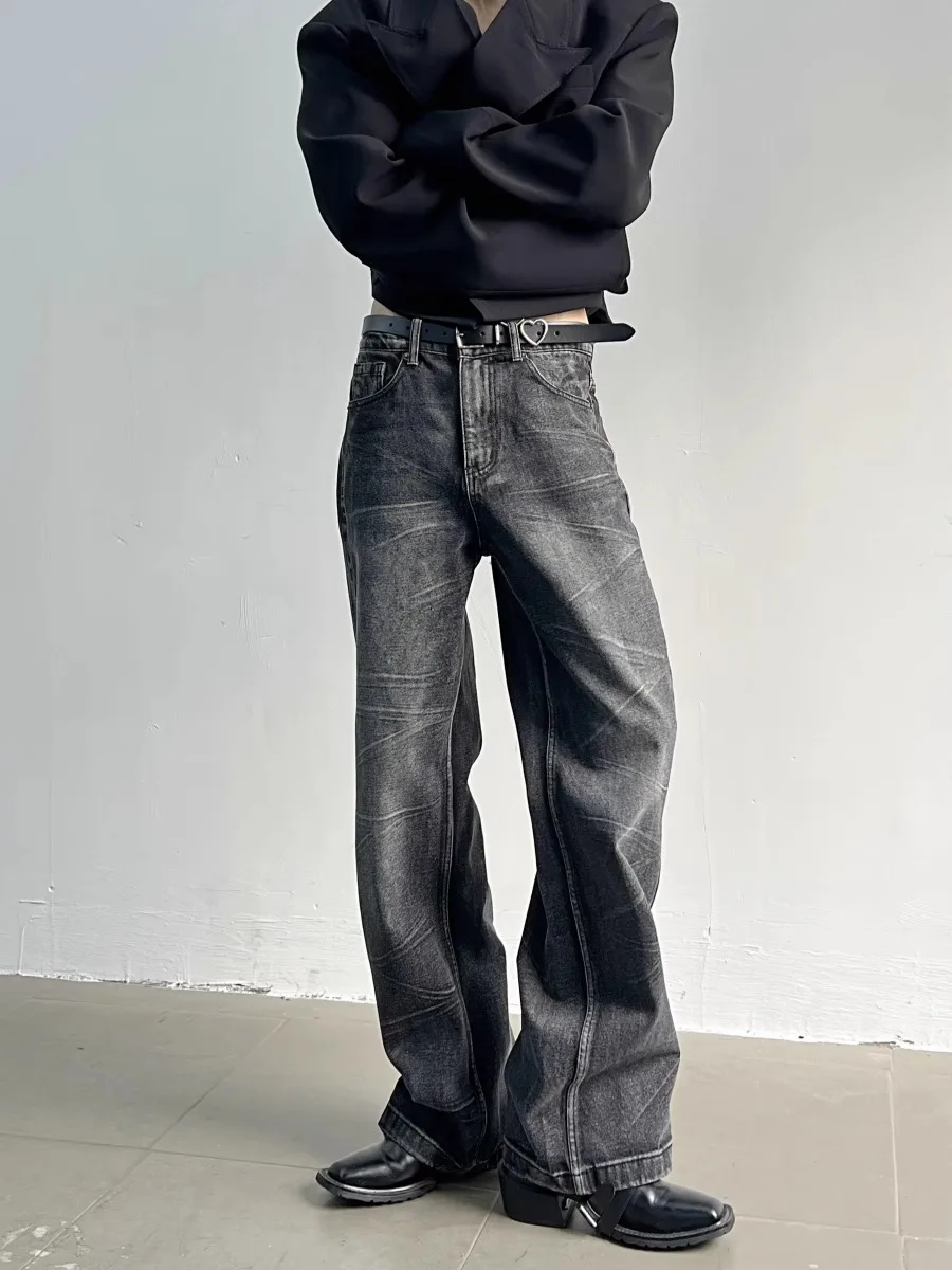 

Retro American Waed Bla Jeans Men's Casual High Street Loose High Waist Wide Leg Pants Trendy Long Trousers