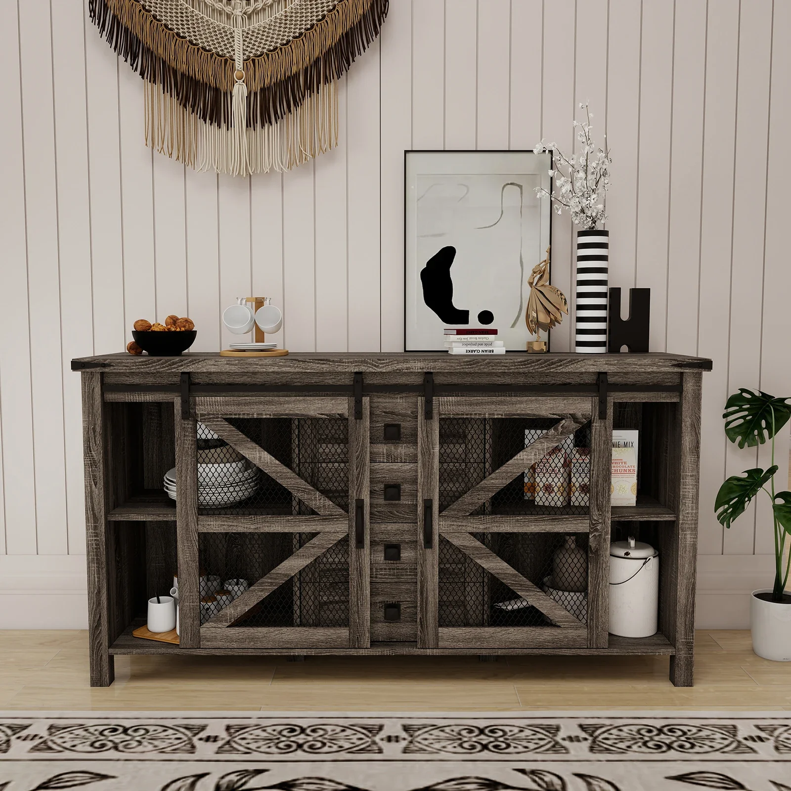 Wood TV Cabinet Vintage Iron Mesh Door Cabinet Coffee Bar Cabinet with Cutlery Storage Cabinet For Kitchen Living Room Bedroom