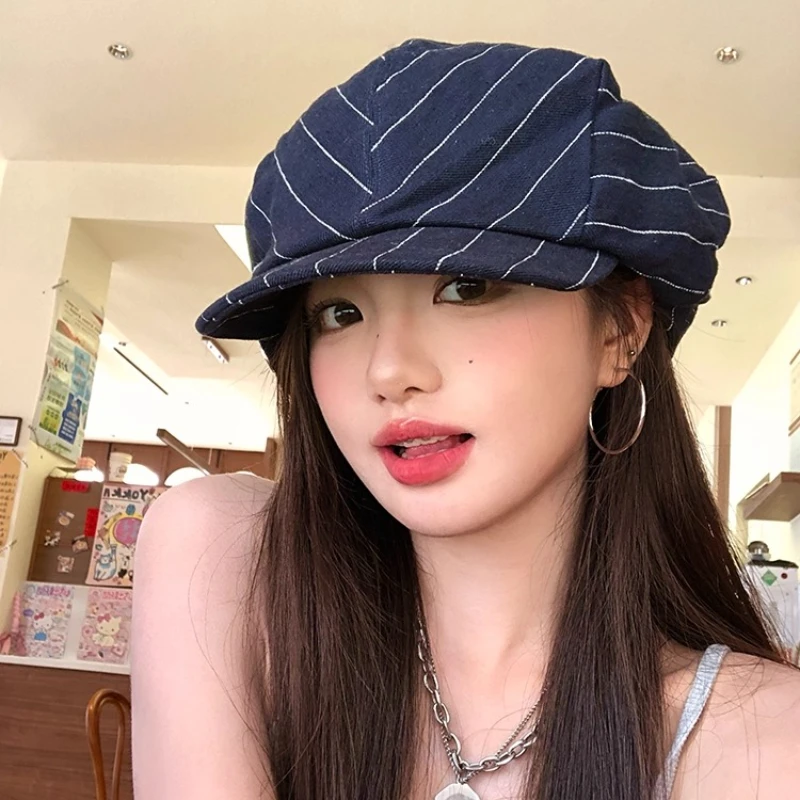 

Japanese Retro Striped Cotton and Linen Berets for Women Summer Autumn Thin Breathable Versatile Literary Style Newsboy Hats Men