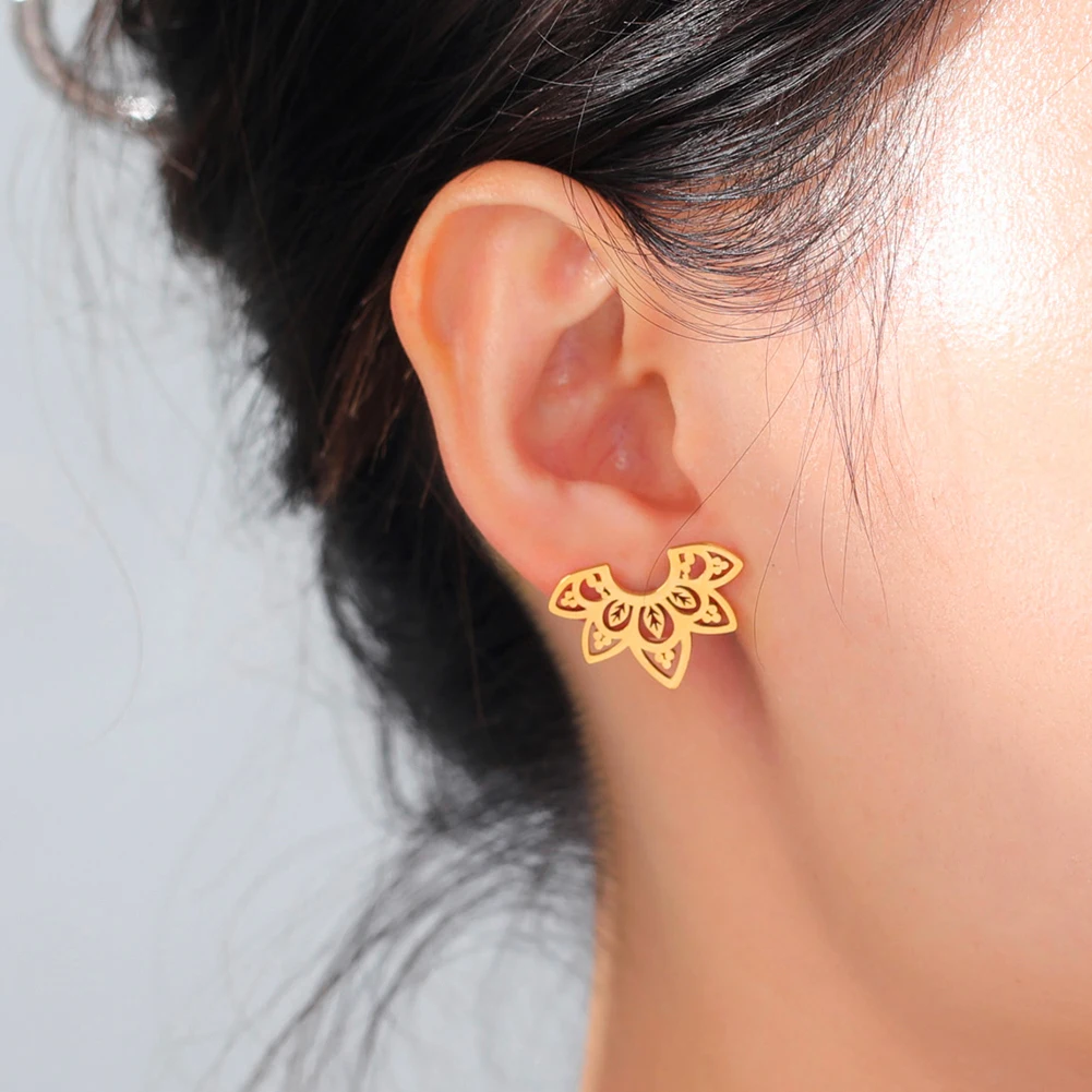 Lucktune Vintage Lotus Flower Stud Oorbellen Roestvrij Staal Gouden Kleur Elegante Oorbellen Voor Vrouwen Barokke Sieraden Huwelijkscadeau