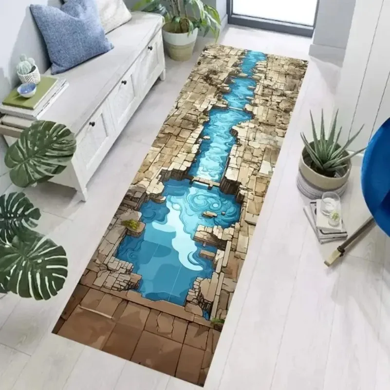 3D Optical Illusion Runner Carpet Waterfall Abyss Entrance Hallway Mat Soft Bedroom Kitchen Rug Home Decor