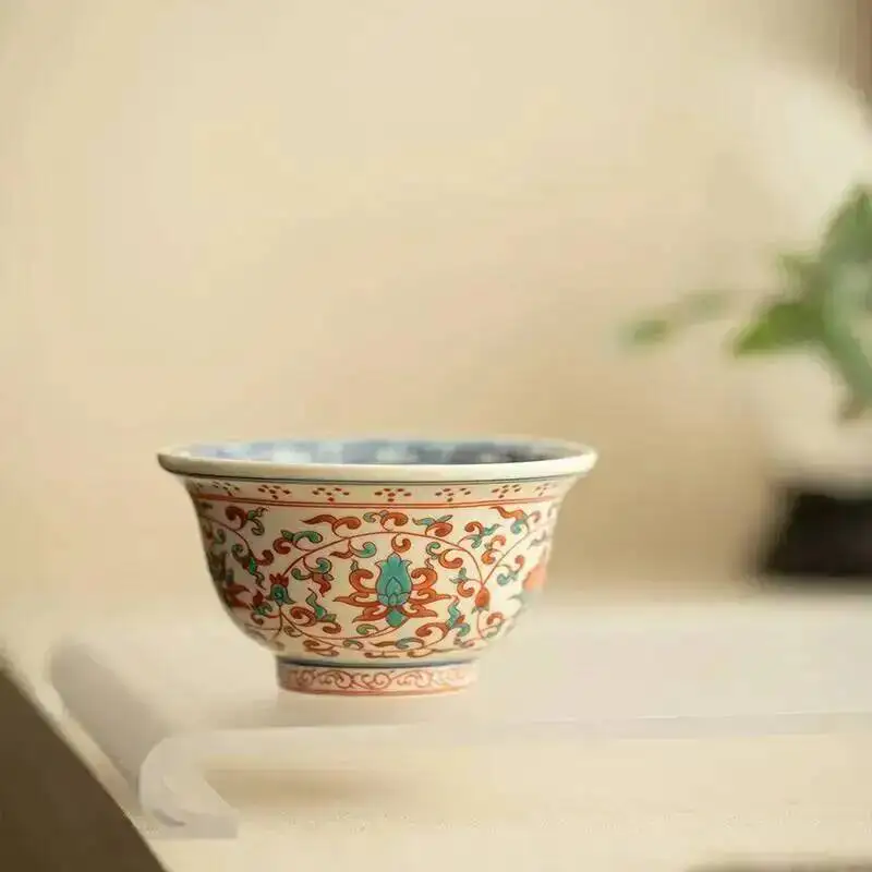 Antique Teacup Porcelain Powder Painted Lotus Tea Cup Master Cup Ceramic Tea Tasting Cup Pressed Hand Cup 