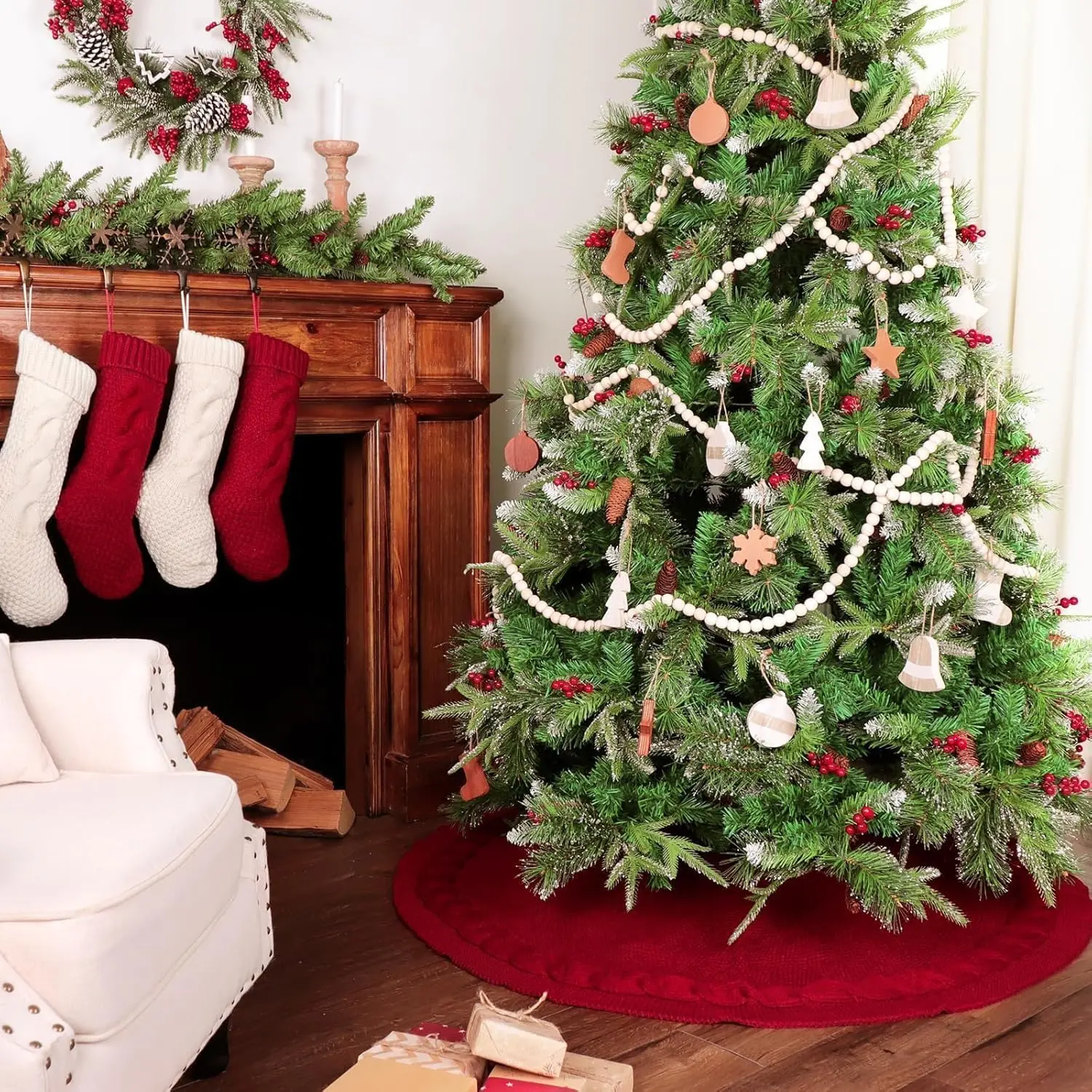 Nowa Burgundowa Retro Podkładka Pod Choinkę Świąteczną Dzianinowa Ozdoba Choinkowa Dekoracja Do Salonu Ozdoby Świąteczne Noworoczne