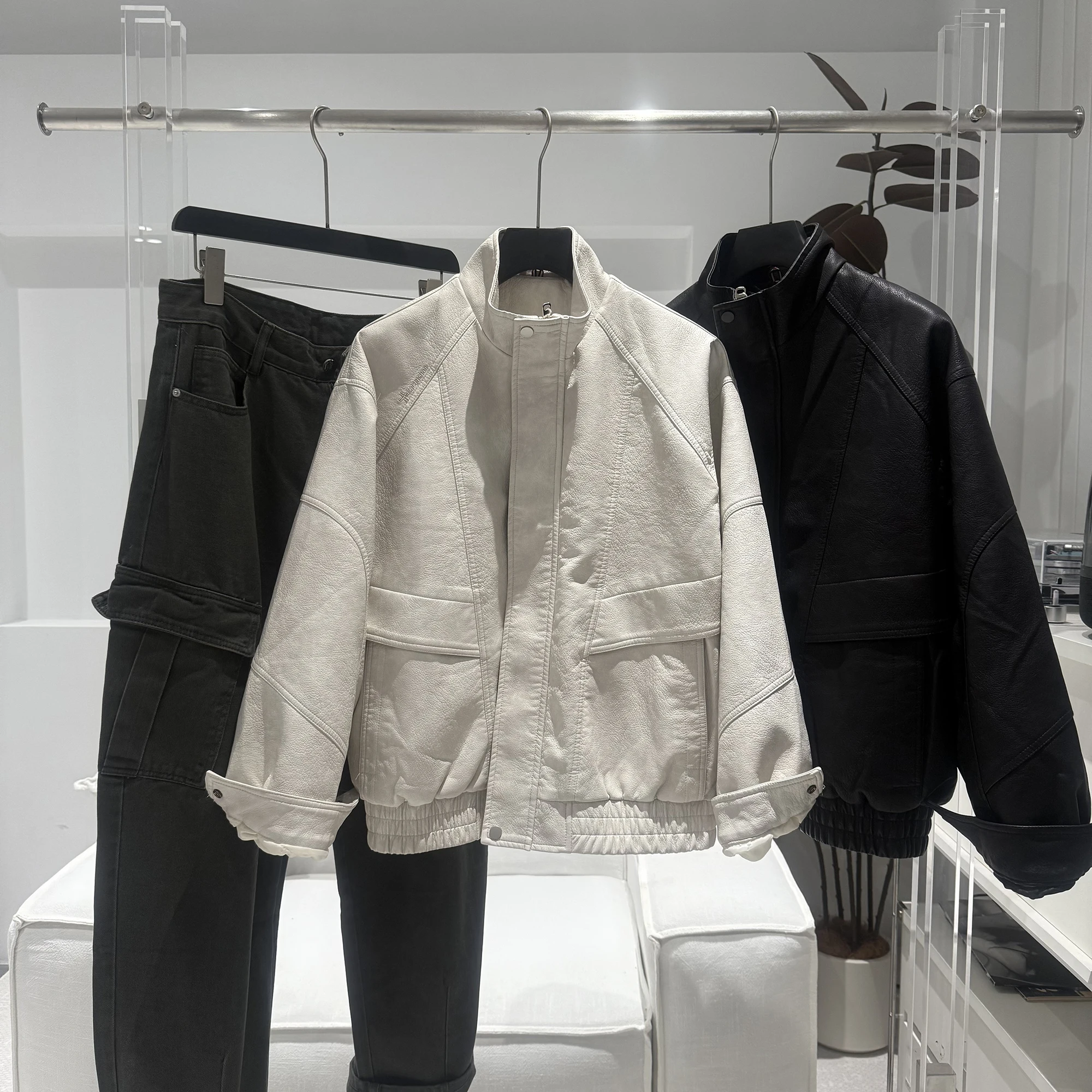 

Fce Lined Leather Jaet Casual Loose Fit Stand Collar Sli Men's Top for Couples Polyester Fiber Long Sve Zipper