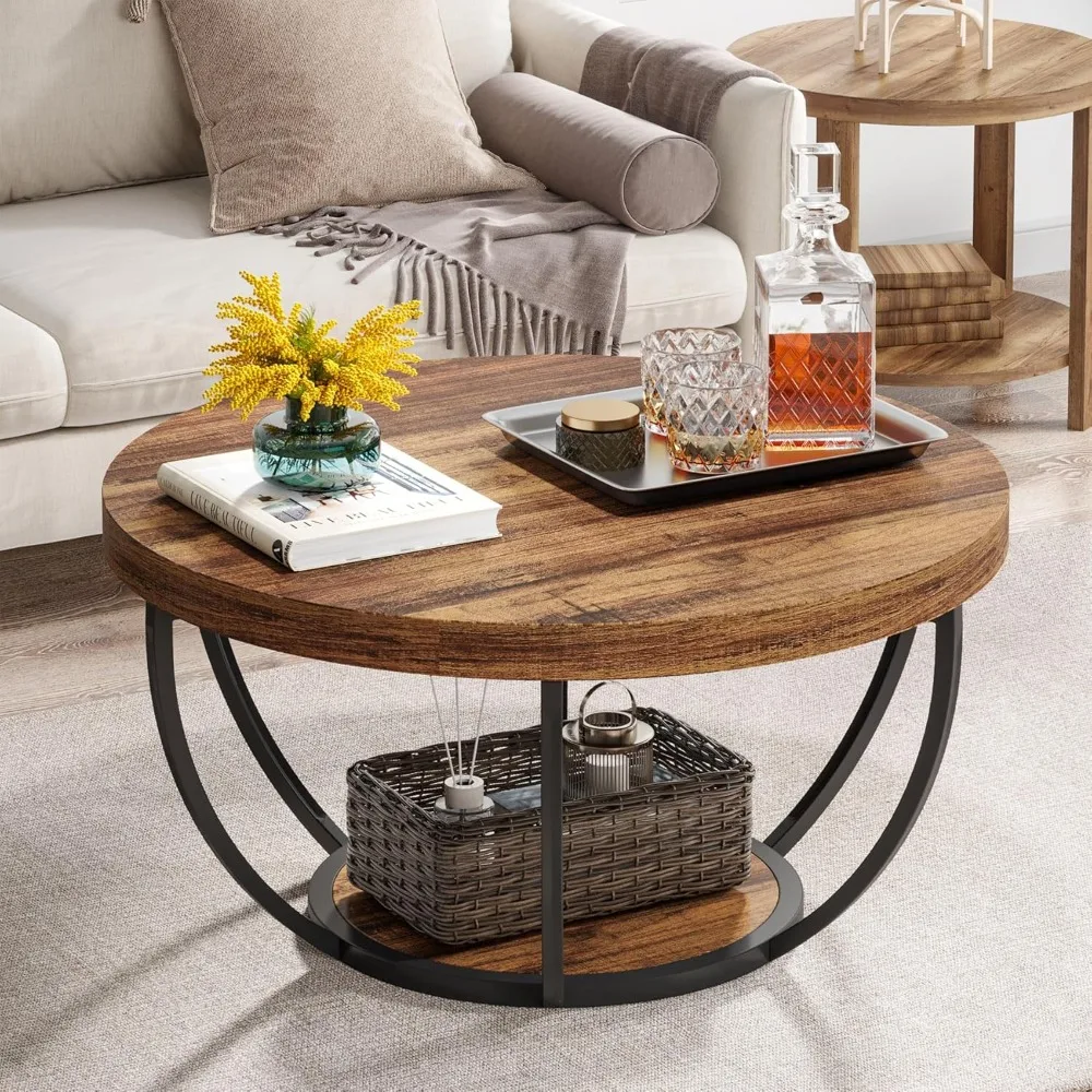 Round Coffee Table, Industrial 2-Tier Table with Storage Shelves, Modern 31.7