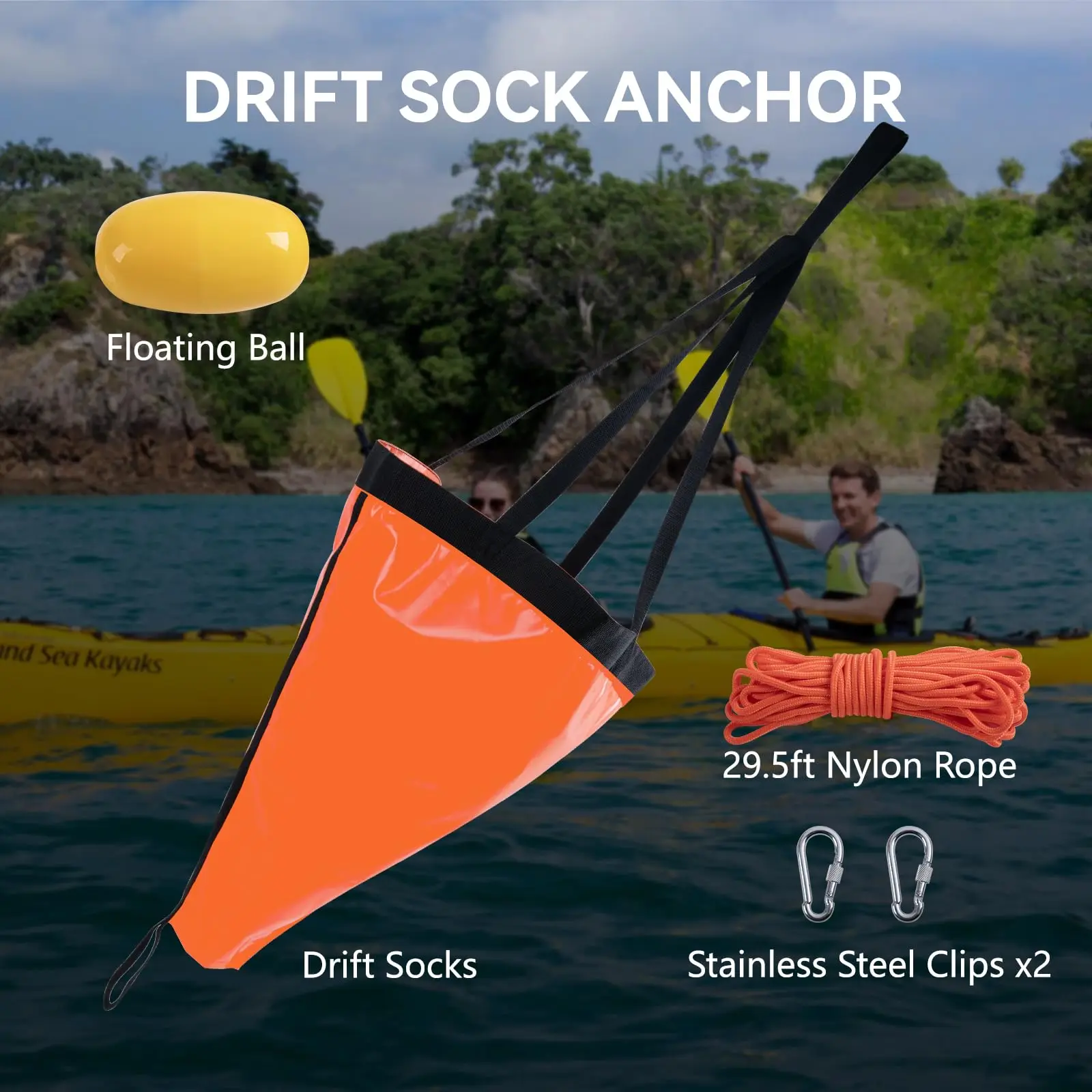 Goture 19”/24”/42”/53 Inch Drift Sock Sea Anchor Drogue with 30ft Kayak Tow Rope Line Buoy Ball for Fishing Boat Trolling Sock