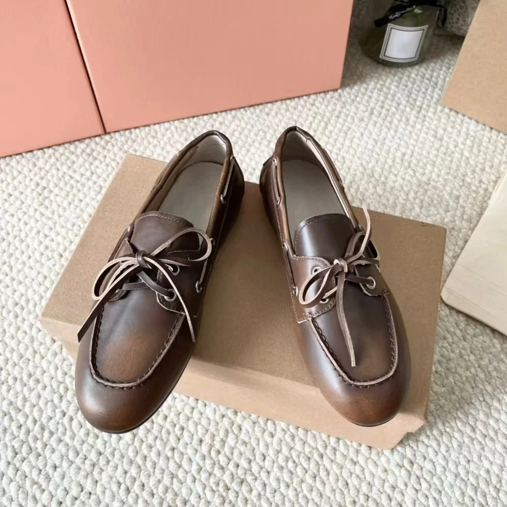 2025 FANGXITING توب الربيع الجلد المدبوغ حذاء بدون كعب مسطح امرأة الدانتيل يصل الجلود الشقق ماركة غير رسمية خارج الباب القيادة عطلة المشي #2