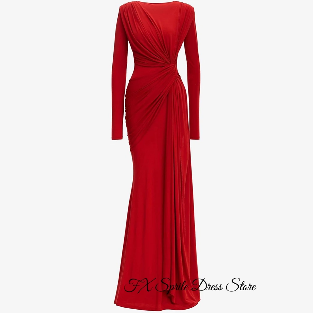 Customized  Formal and Classic Mermaid Long Sleeves O-Neck Evening Dress Red Jersey Court Train Pleats Zipper Back Cele