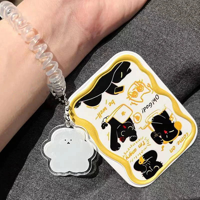 Espejo de maquillaje plegable con patrón de gato negro de dibujos animados, espejo de bolsillo portátil, espejo cosmético rectangular con peine para mujer