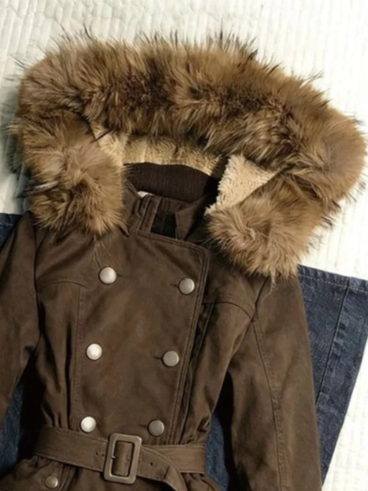 النمط البريطاني خمر براون سليم التفاف معطف Y2k مزدوجة الصدر Cinched الخصر سترات الموضة تصميم تحسس ملابس الشتاء الجديدة #3