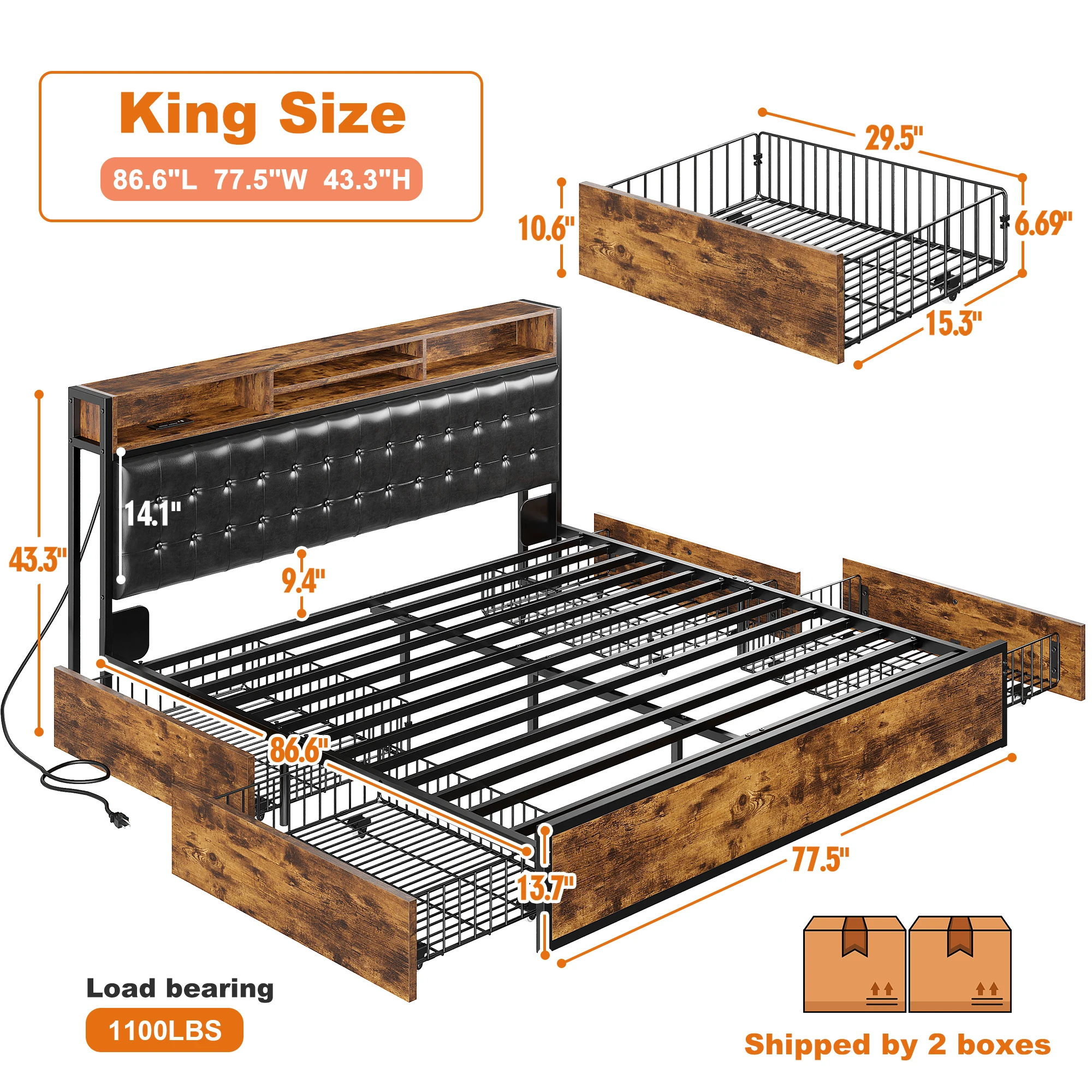EnHomee Metal Bed Frame with 4 Storage Drawers & Charging Station Headboard Upholstered Platform Bed Frame with Upholstered Headboard No Noise image 6