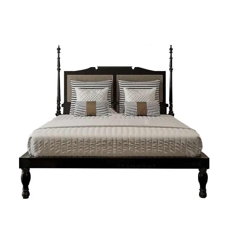 

American solid wood braided rattan double bed retro light luxury high column bed