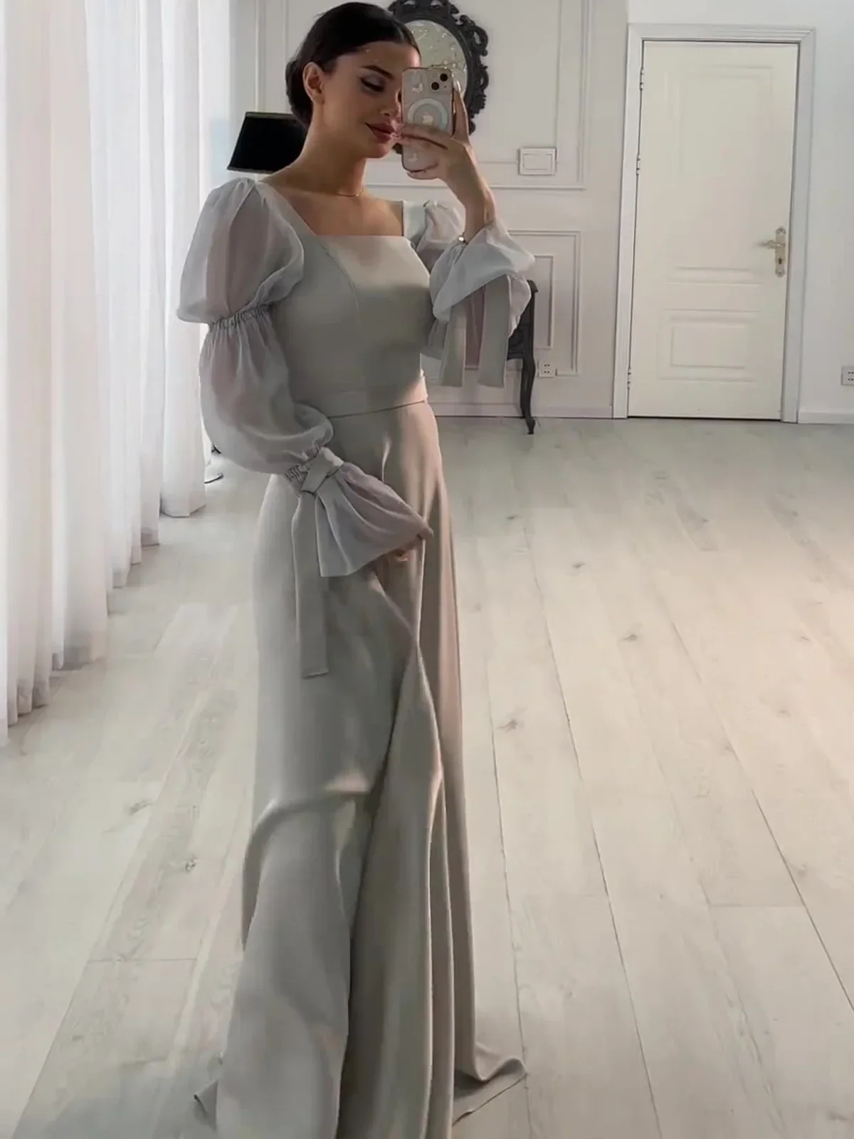 فستان سهرة نسائي شيفون ساتان فرنسي خرافي للغابات بياقة مربعة وحزام وأكمام مضيئة ملابس نسائية أنيقة للغاية ملابس خروج للسيدات