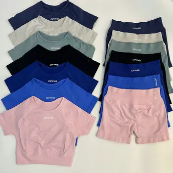 2 Piece Dfyne Short Sleeve Set Women Seamless Yoga Set Workout Top Fitness Crop Top Scrunch Bum Shorts Gym Clothing Sportswear Suit