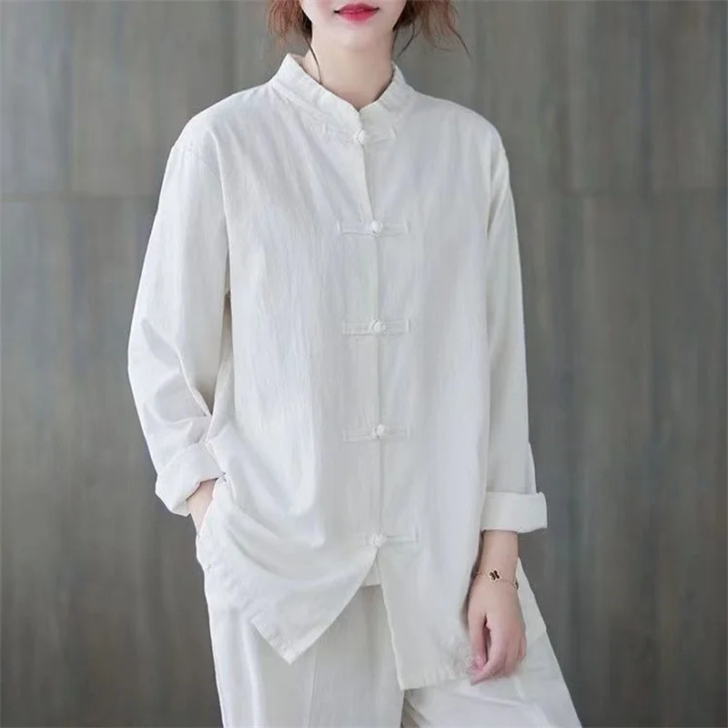 Women Vintage Cotton Linen Casual Shirts Chinese Style Vintage Solid Color Loose Female Long Sleeve Tops WY1013