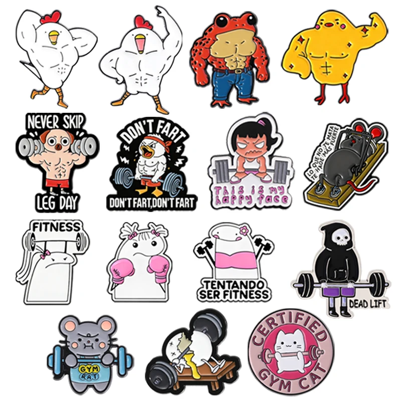 Bodybuilding Rooster Enamel Pins Muscle Ninja Mouse Weight Lifting Girl Fitness Animal Brooch Lapel Bagde Friends Jewelry Gifts