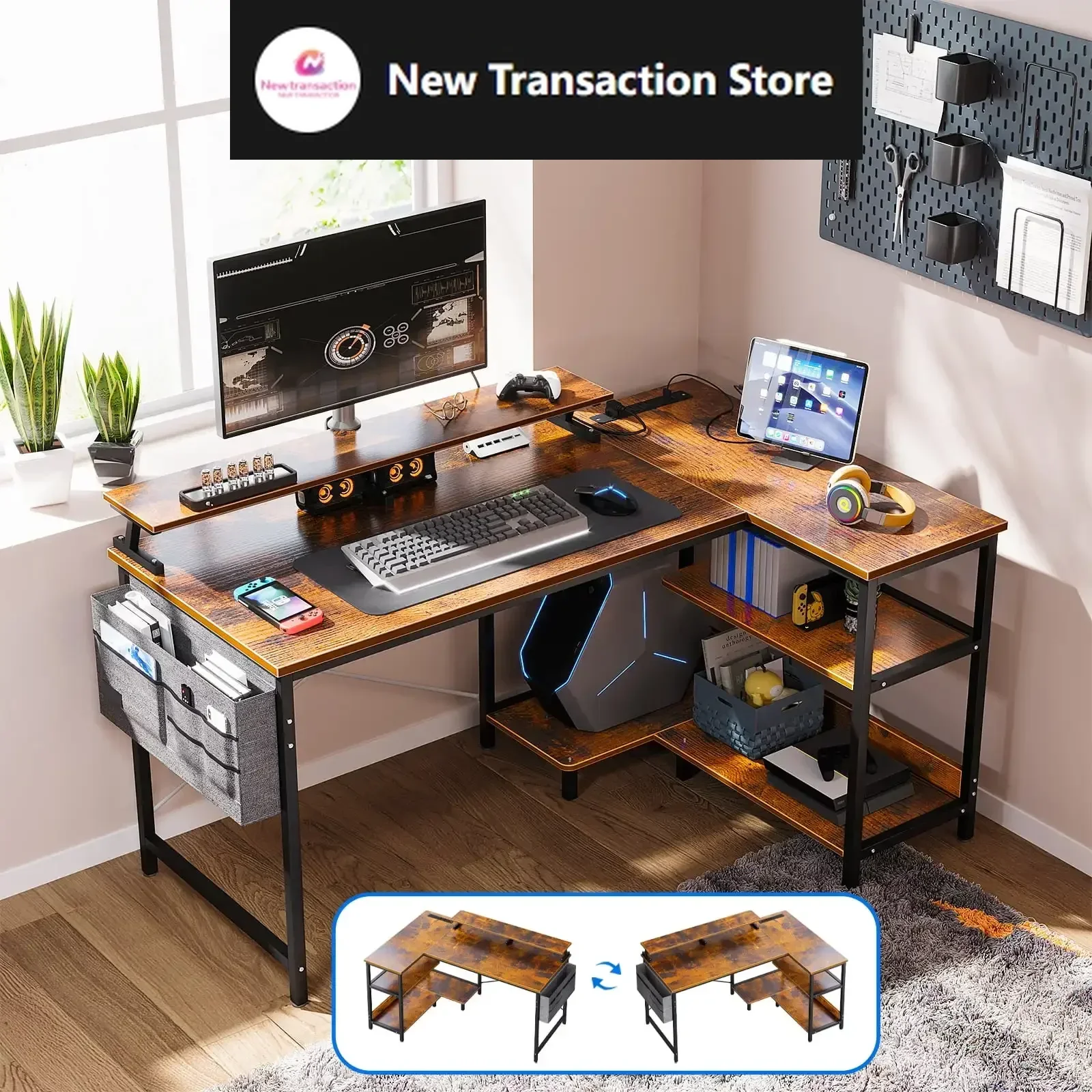 

48 inch Reversible L Shaped Gaming Desk with USB Charging, Corner Computer Desk , Home Office Desk , Vintage