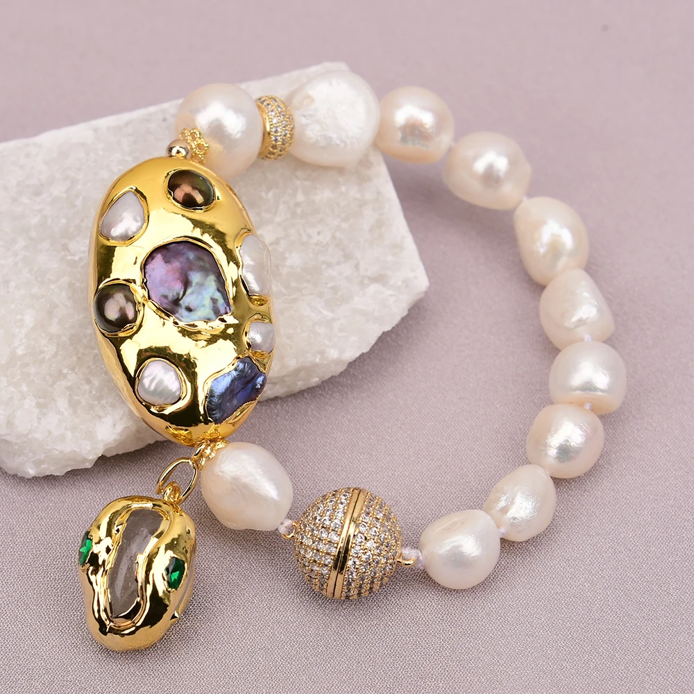 

G-G Cultured White Baroque Pearl Black Keshi Pearl Bracelet Clear Quartz Charms