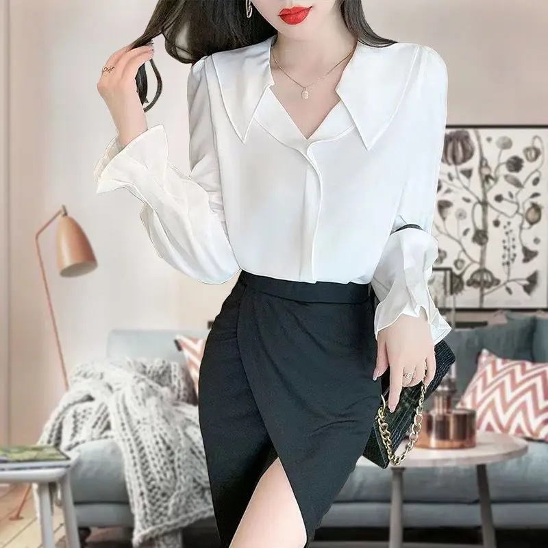 Temperament Chiffon Blouse Spring Autumn Fashion Ruffles V-neck Long Sleeve Women\'s Shirt Simplicity Pullover Turn-down Collar