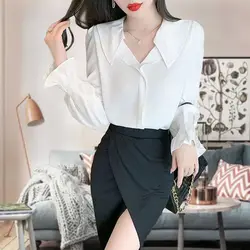 Temperament Chiffon Blouse Spring Autumn Fashion Ruffles V-neck Long Sleeve Women's Shirt Simplicity Pullover Turn-down Collar