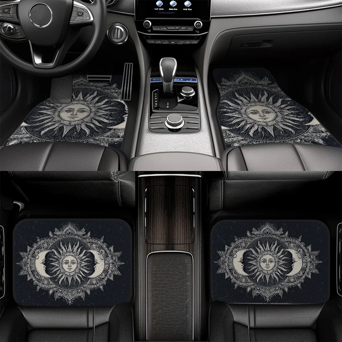 4pcs Anti-Slip Polyester Car Floor Mats - Sun, Moon & Star Pattern, All-Weather Use For Cars, Trucks, SUVs - Easy-to-Clean Inter