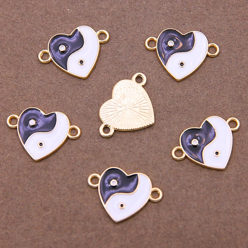 10Pcs White K black and white enamel Yin Yang Charm Heart Pendant Jewelry Making bracelet necklace DIY Earring Accessory craft