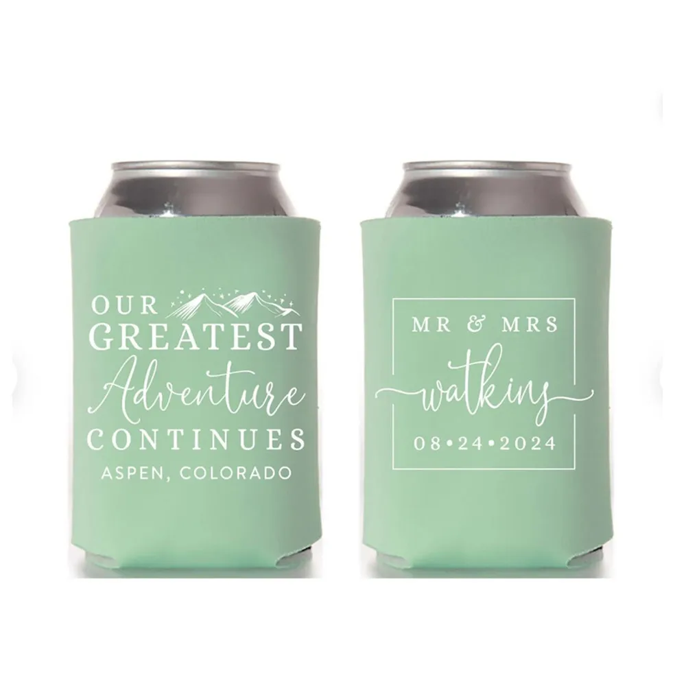 

Wedding Can Cooler #164R - Our Greatest Adventure Continues -Custom - Wedding Favors, Insulated, Beer Huggers, Wedding Favor,