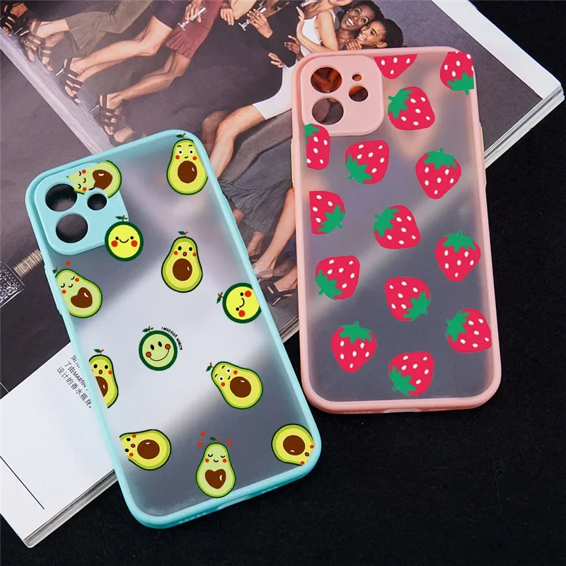 Cute Avocado Fruit Phone Case for iPhone 13 11 12 14 15 Pro Max XS XR SE 8 Plus Strawberry Cherry Clear Hard Matte Cover Fundas