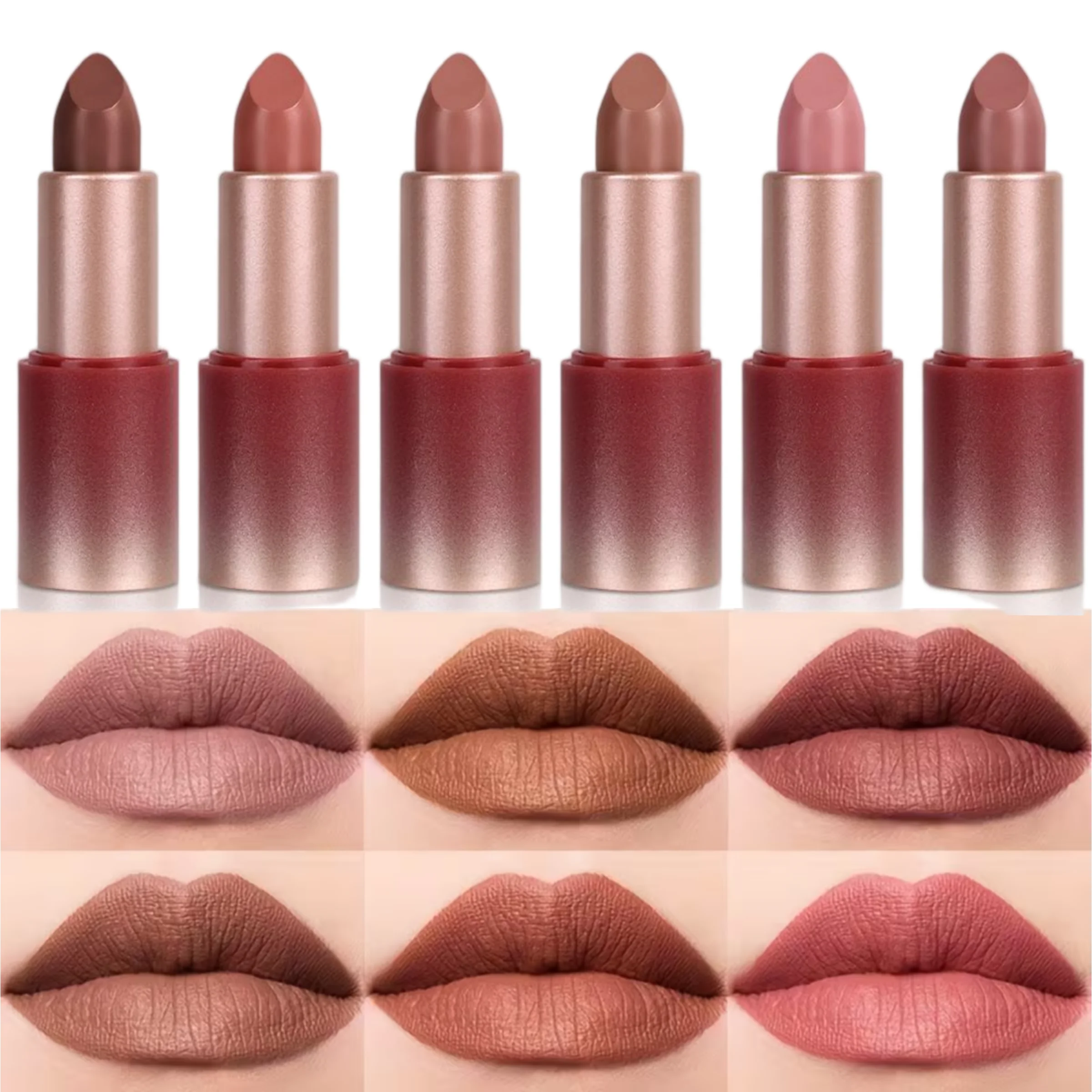 1 unidad de lápiz labial mate de 6 colores, lápiz labial nude, lápiz labial mate de color intenso, herramienta de maquillaje de labios, resistente al agua y de larga duración