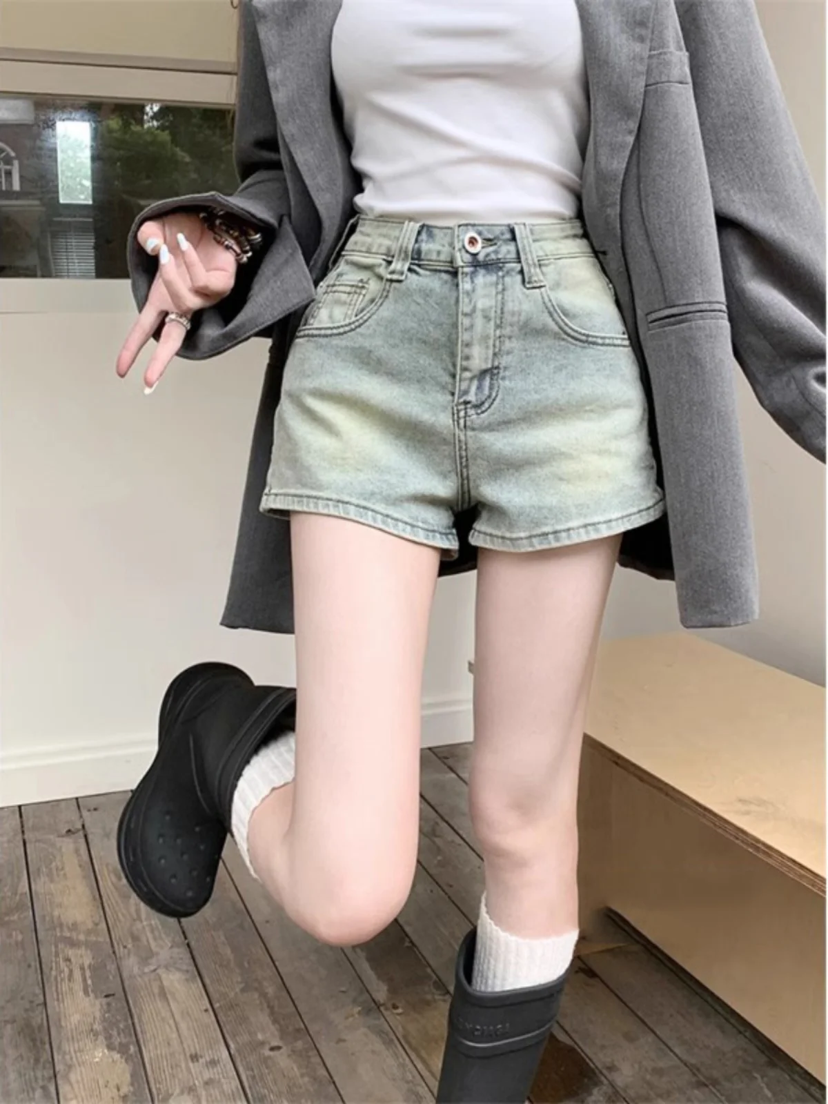 

High Waist Slimming Denim orts Women's Summer Large Size Casual ort A-Line Hip-Hing Hot Pants with ket Design