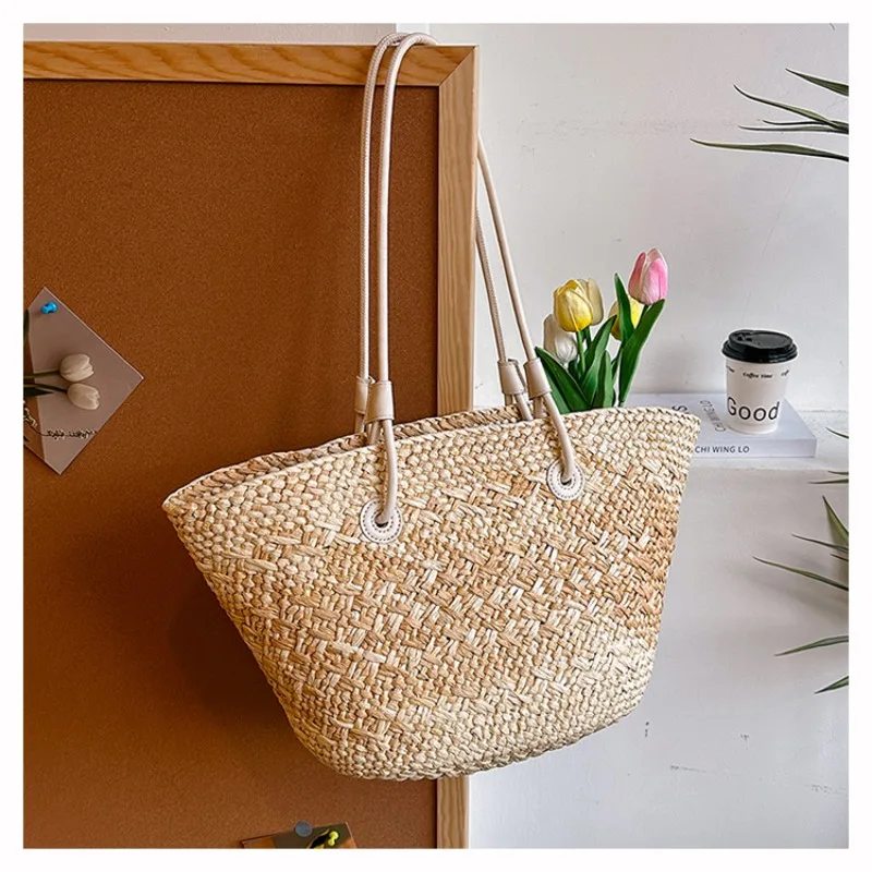 Summer Colorful Large-capacity Woven Straw Shoulder Bag for Women 2026 Perfect for Beach Vacations and Outings Shopping Female