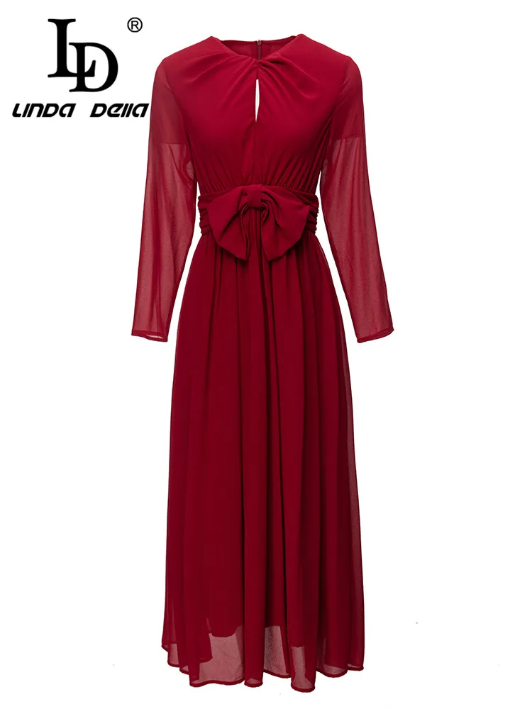 

LD LINDA DELLA 2023 Summer Runway Vintage Dress Women's Wine red Transparent Long Sleeve Belt Draped Slim Fit Zipper Dress