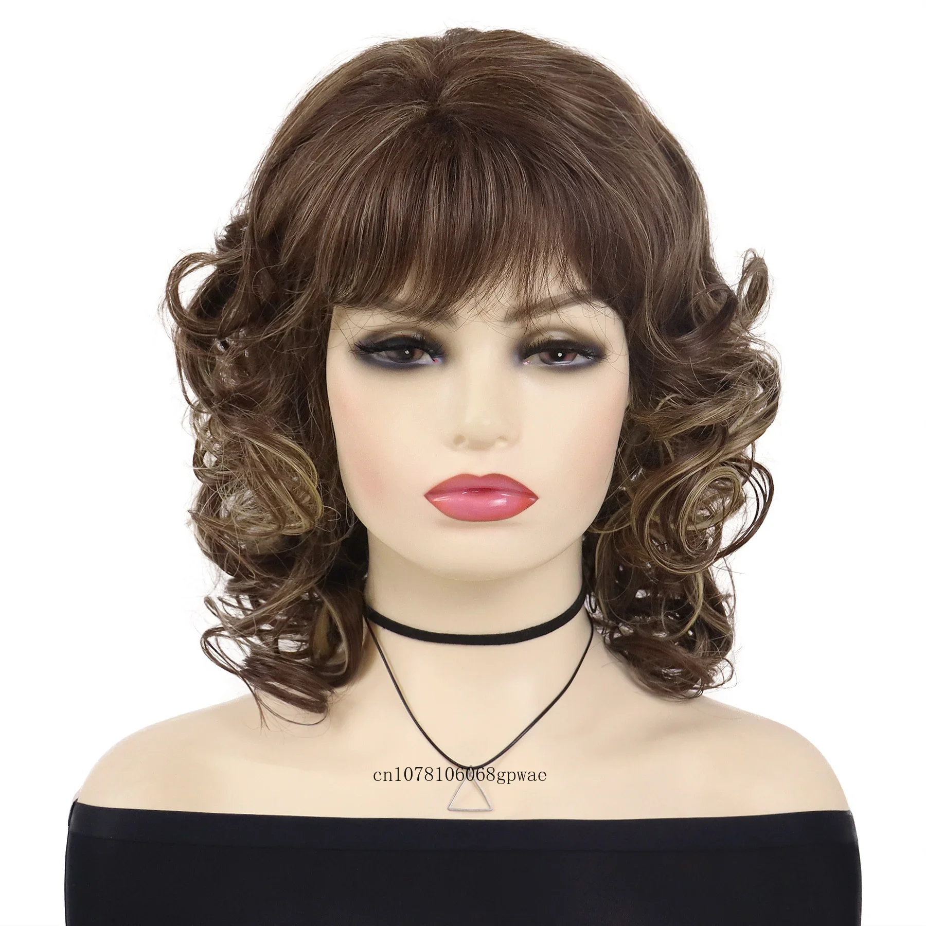 Fluffy Brown Wigs Synthetic Hair Bouncy Short Curly Wavy Wig with Bangs for Women Ladies Daily Costume Mommy Wig Heat Resistant