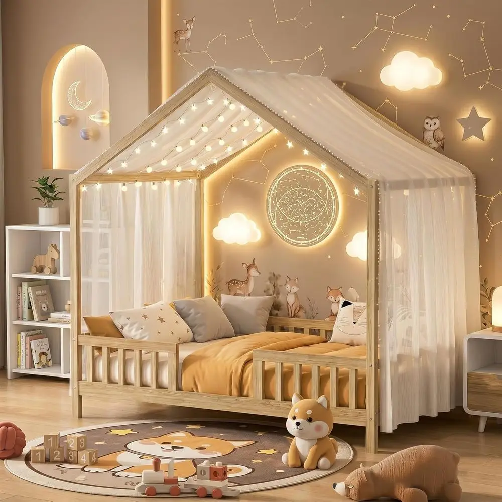

Natural Wood Kids Bed with High Rails, Suitable for Boys and Girls, No Box Spring Required