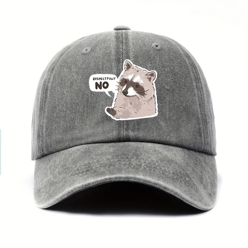 Casquette de baseball en coton avec imprimé « Respectfully No » et motif raton laveur, 100 % coton, légère, fermeture à pression réglable, lavable à la main - Ani