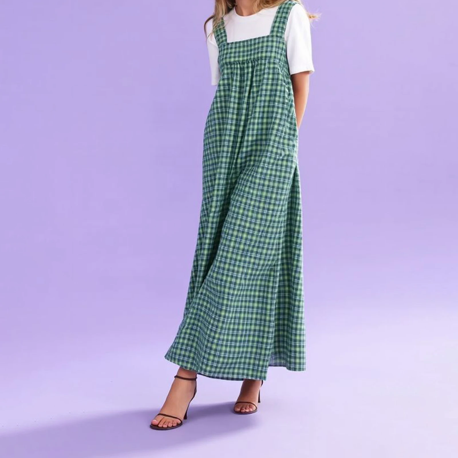 Vestido largo de verano para mujer, sin mangas, cuello cuadrado, tirantes anchos, vestido a cuadros