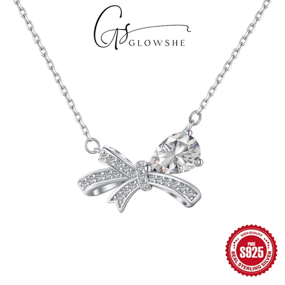 

Glowshe 925 Sterling Silver 5A Zircon Bowknot Pendant Necklace Wedding New Design Neck Jewelry Women's Elegant Collarbone Chain