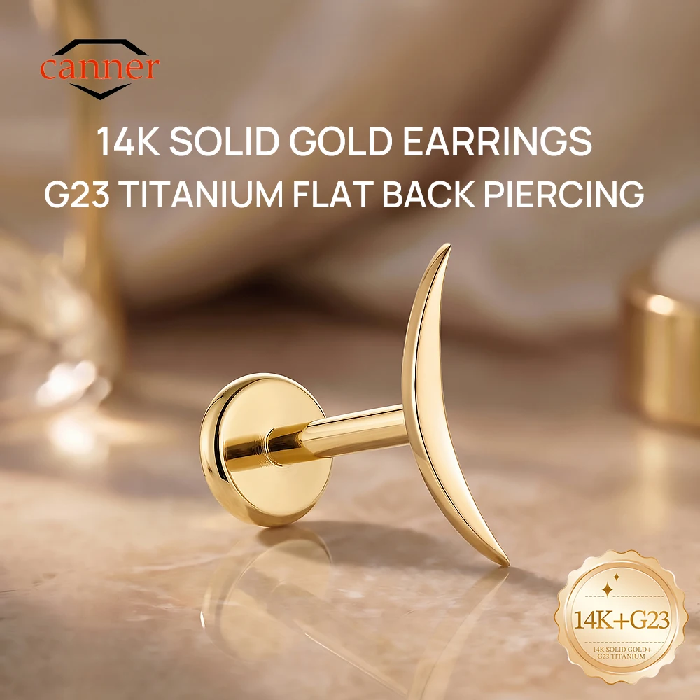 CANNER 1PC 14K Solid Gold Smooth Moon Flat Head Threaded Piercing Ear Bone Nail For Women Ins Minimalism Earring Jewelry Gift