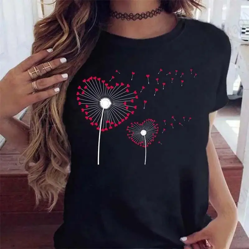 Women Graphic Cartoon Dandelion Print T Shirt Short Sleeve Ladies Print Clothes Lady Tees Tops Female Womens T Shirt