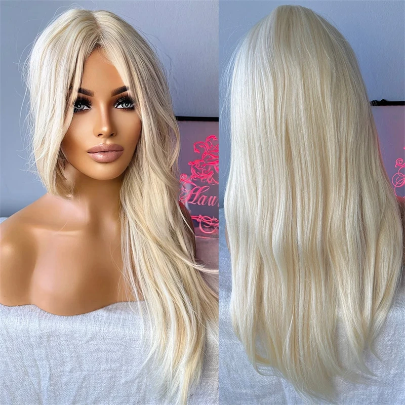 Peruca frontal de renda transparente reta natural para mulheres, cabelo sintético longo, branco gelado, loiro, venda superior