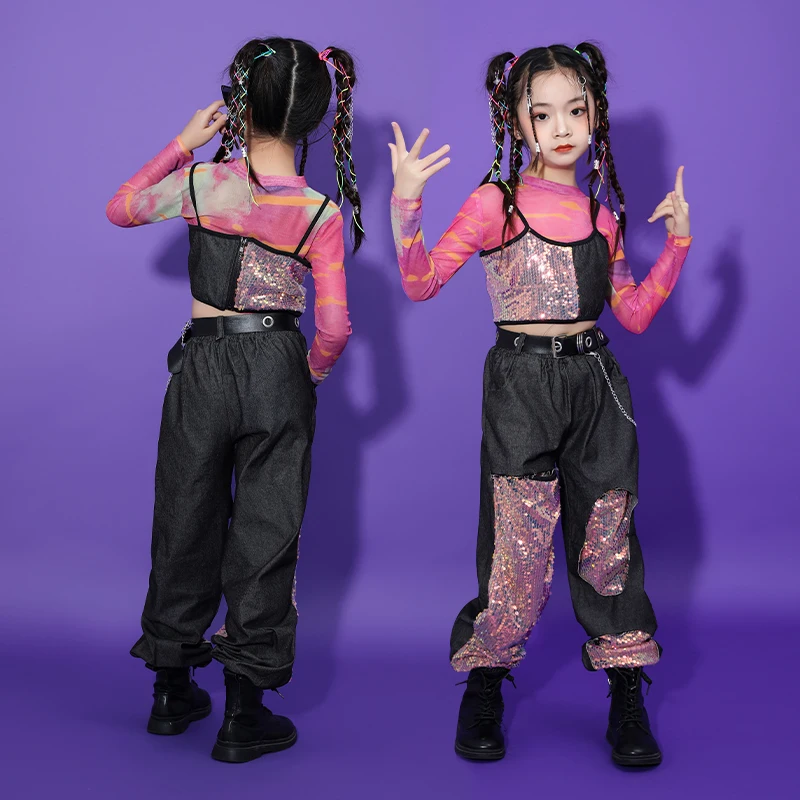 

Kids Show Outfits Hip Hop Clothing Sequined Tank Tops shirt Street Wear Pants For Teen Girls Jazz Dance Costume Festival Clothes