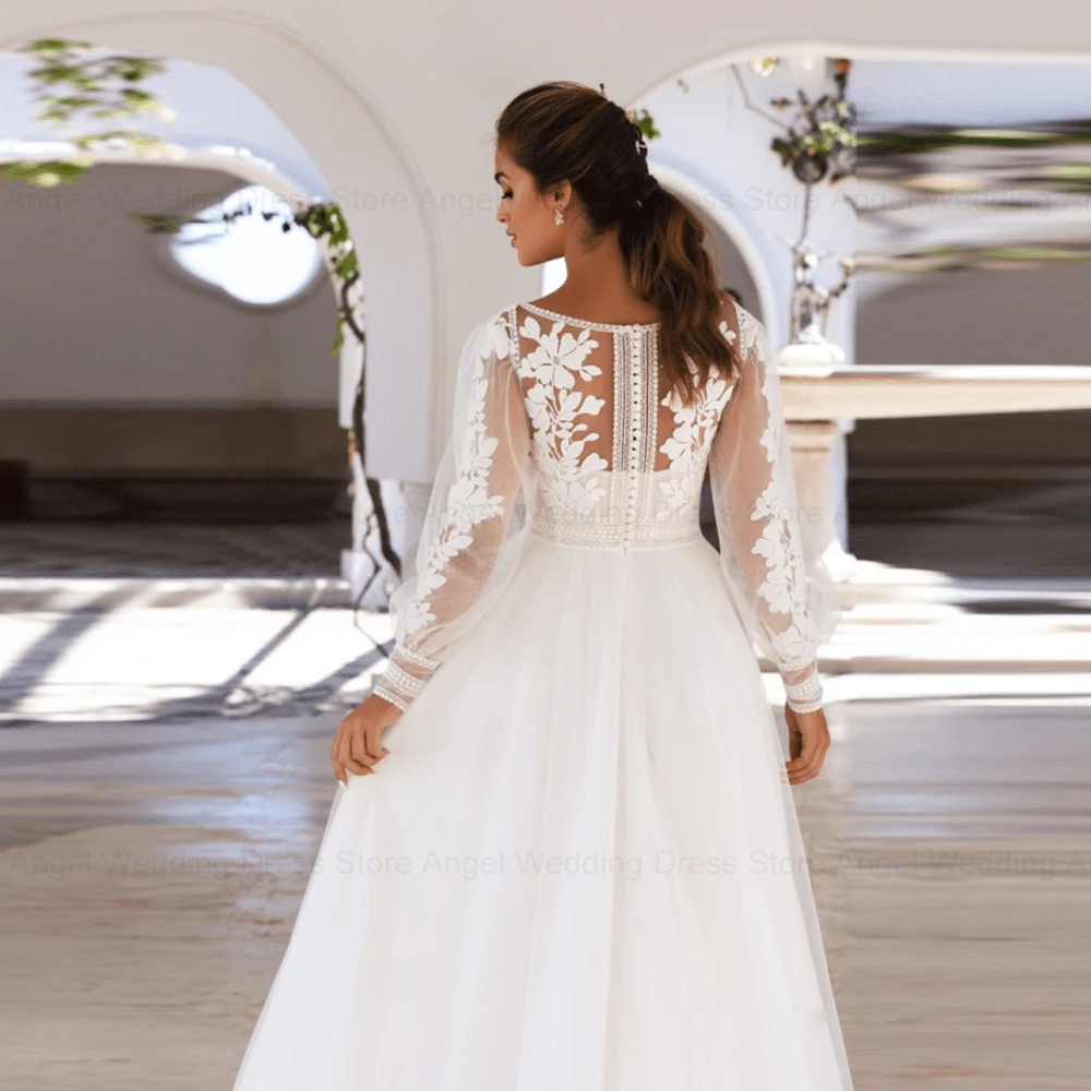 ANGEL Princess Wedding Dress Scoop Puff Sleeves Lace Applique Bride Gowns Tulle A-Line Sweep Train 2024 Vestidos De Novia