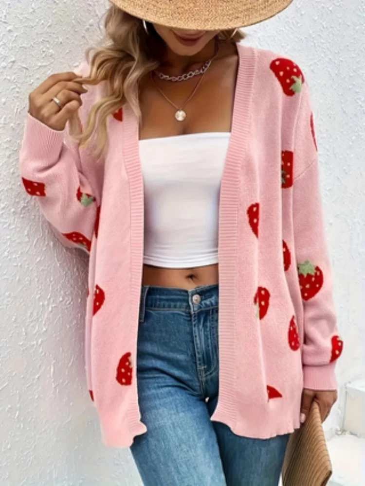 New Women\'s Sweater Coat Knitted Cardigan Pink Strawberries Loose Cover Up Comfortable Open Front Ladies Mid-long Sweaters